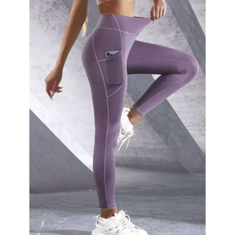 New High Waist Women's Leggings Stretch Yoga Tights With Pockets Push Up Fitness Running Sportswear Solid Color Pants 26Y0313