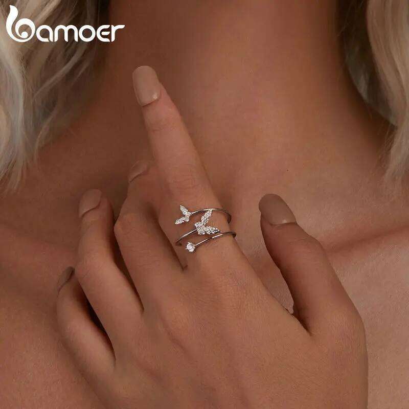 BAMOER Solid 925 Sterling Silver Butterfly Adjustable Open Ring Anniversary Birthday Jewelry Gifts for Women Girls H260312