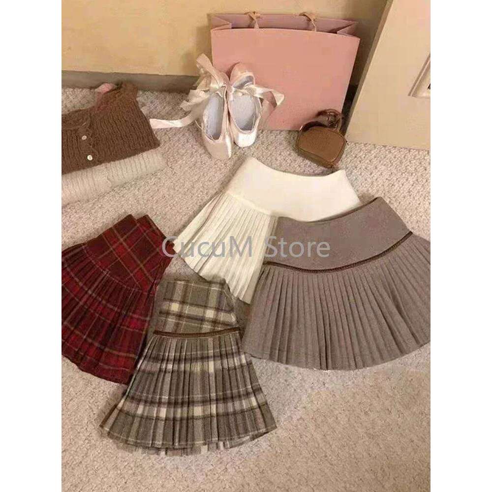 Japanese Retro Spicy Girl Plaid Pleated Autumn Winter College Style Woolen Mini High Waiste Sweet Kawaii Skirt Z260314