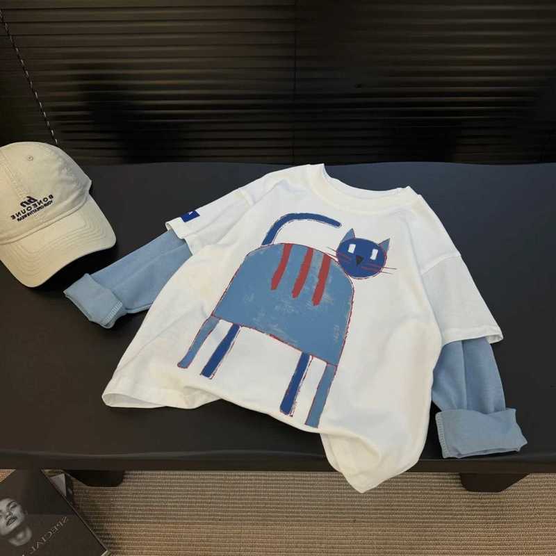 T-shirts Boys' two-tone color block T-shirt spring/autumn cartoon cat long-sleeve T-shirt for young children casual loose sweatshirt