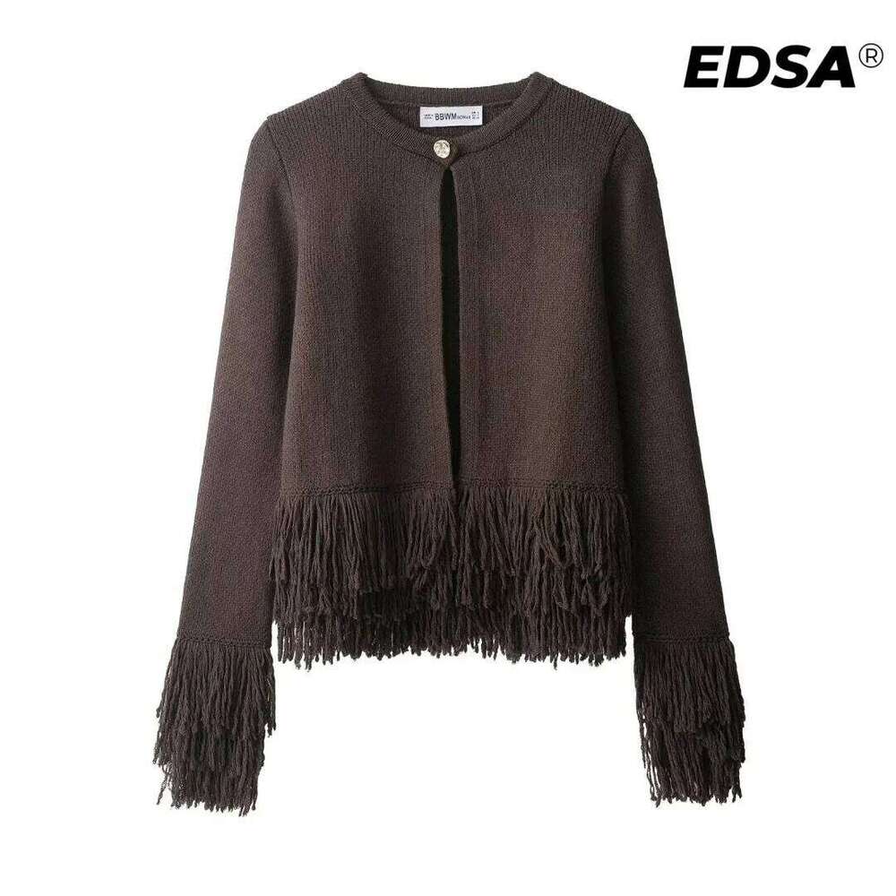 EDSA Women Fringed Knitted Cardigan with Single Button Long Sleeves Round Neck Open Stitch Sweater Tops Z260313