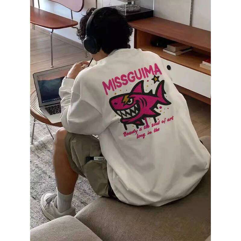 American Street Shark Print Autumn 2025 New 100% Cotton White Long sleeves Casual Loose T-shirt Top Y2k Men clothing Z260314