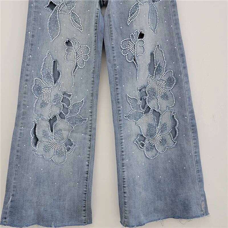 YEAE Women's Jeans High Waist Embroidery Flowers Burrs Edge Straight Wide Leg Denim Pants 2025 New Fashion Spring Z260313