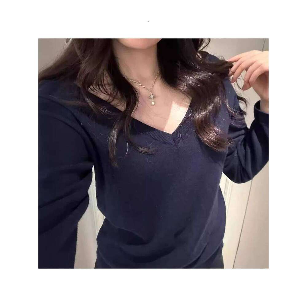 Solid V Neck Vintage Knitted Sweater Women Autumn Winter Cotton Long Sleeve Pullover Jumper Navy Simple Slim Streetwear Tops Y2k Z260313