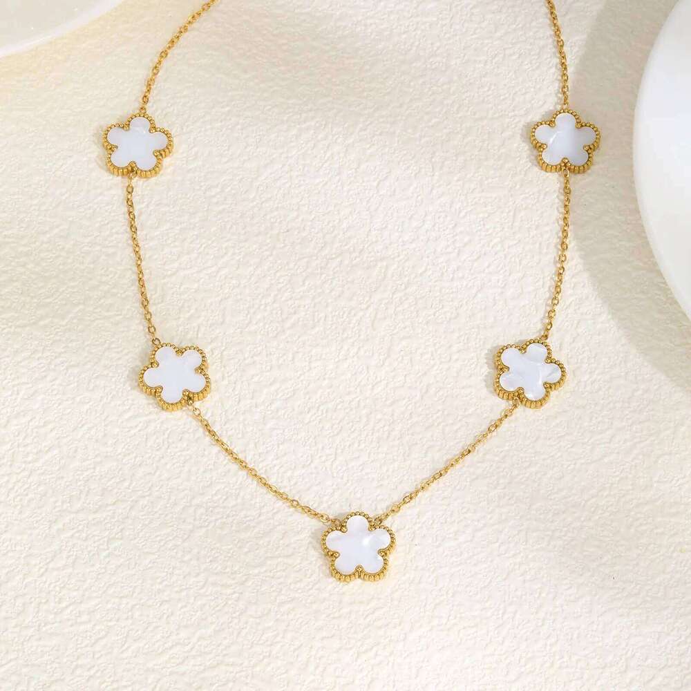 Elegant White Shell Five- Flower Necklace for Women,Gold Color Stainless Steel Necklaces,Dainty Jewelry Mother's Day Gift H260312