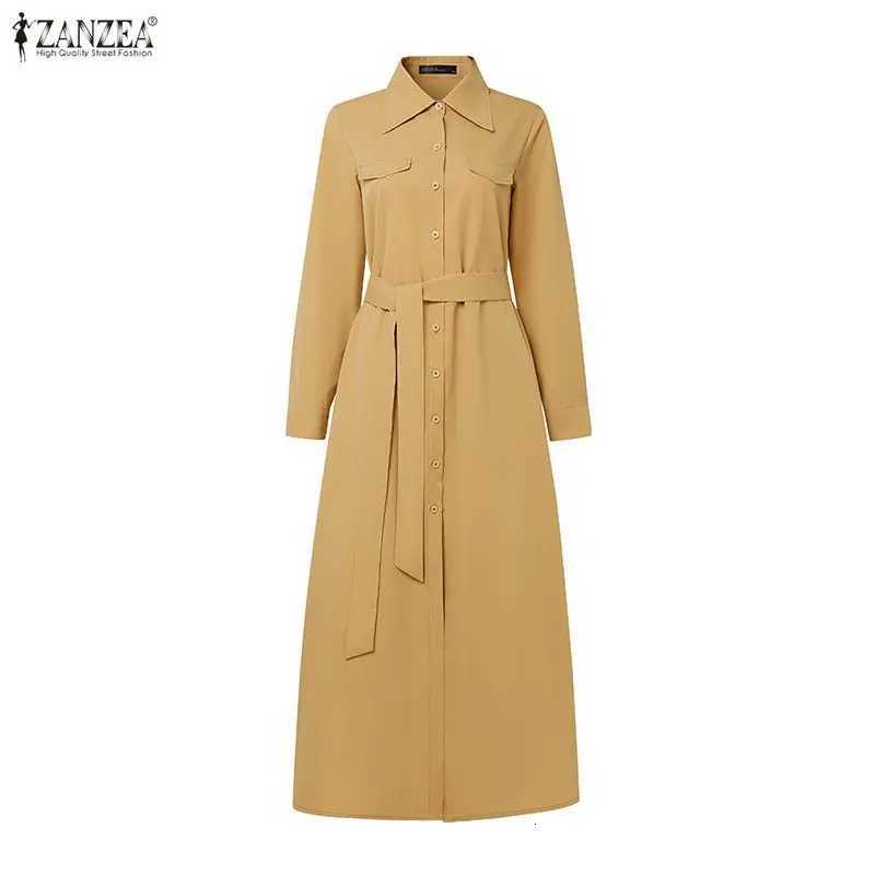 ZANZEA Womens Elegant Maxi Shirt Dresses Turn-Down Collar Long Sleeve Button Up Tie-Waist Long Dress Minimalist Woman ClothesT260316