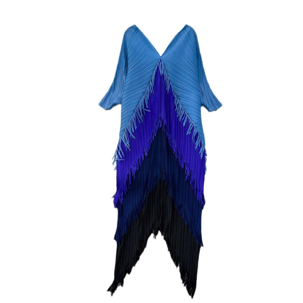 Designer high-end elegant lady pleated long sleeved V-neck backless A12 loose tassel gradually changing color irregular dress