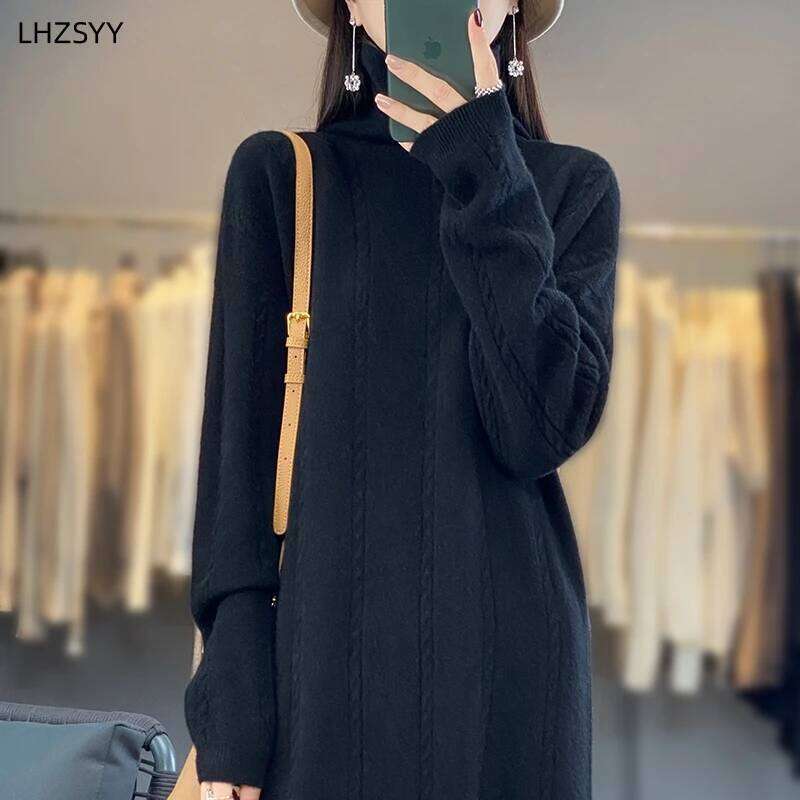 LHZSYY Turtleneck 100% Pure Wool Women's New Autumn Winter Hip Wrap Knit Skirt High-End Sweaters Loose Cashmere Long Dress Z260314
