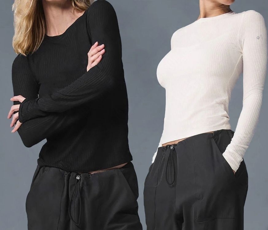 Women's Long-Sleeve Sports Fitness T-Shirt Fall/Winter Yoga Top Cotton Super-Stretch Ribbed Cotton Thermal Base Layer Long set