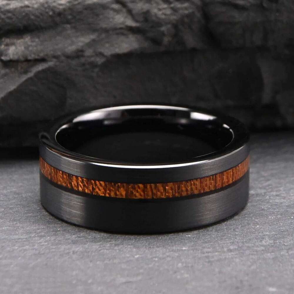 8mm brushed wood inlay black tungsten mens wedding band ring, anniversary gift,comfort fit jewelry H260312