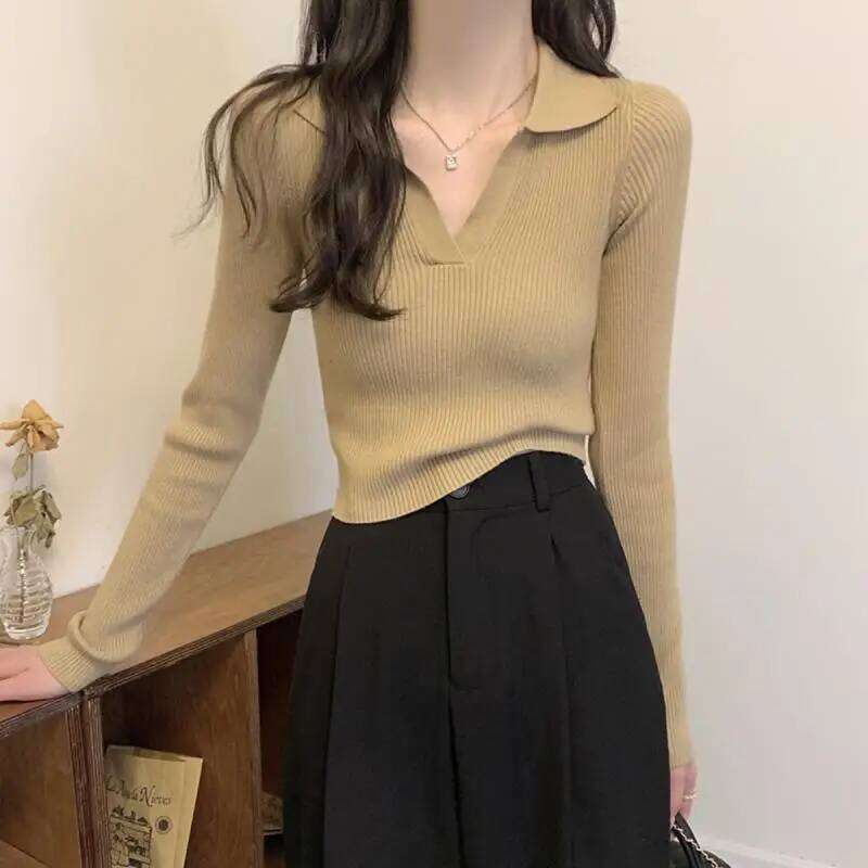 2024 Autumn New V-neck Inner Wear Women's POLO Neck Knitted Sweater Pullover Slim-fitting Long-sleeved Versatile Commuter Top Z260313