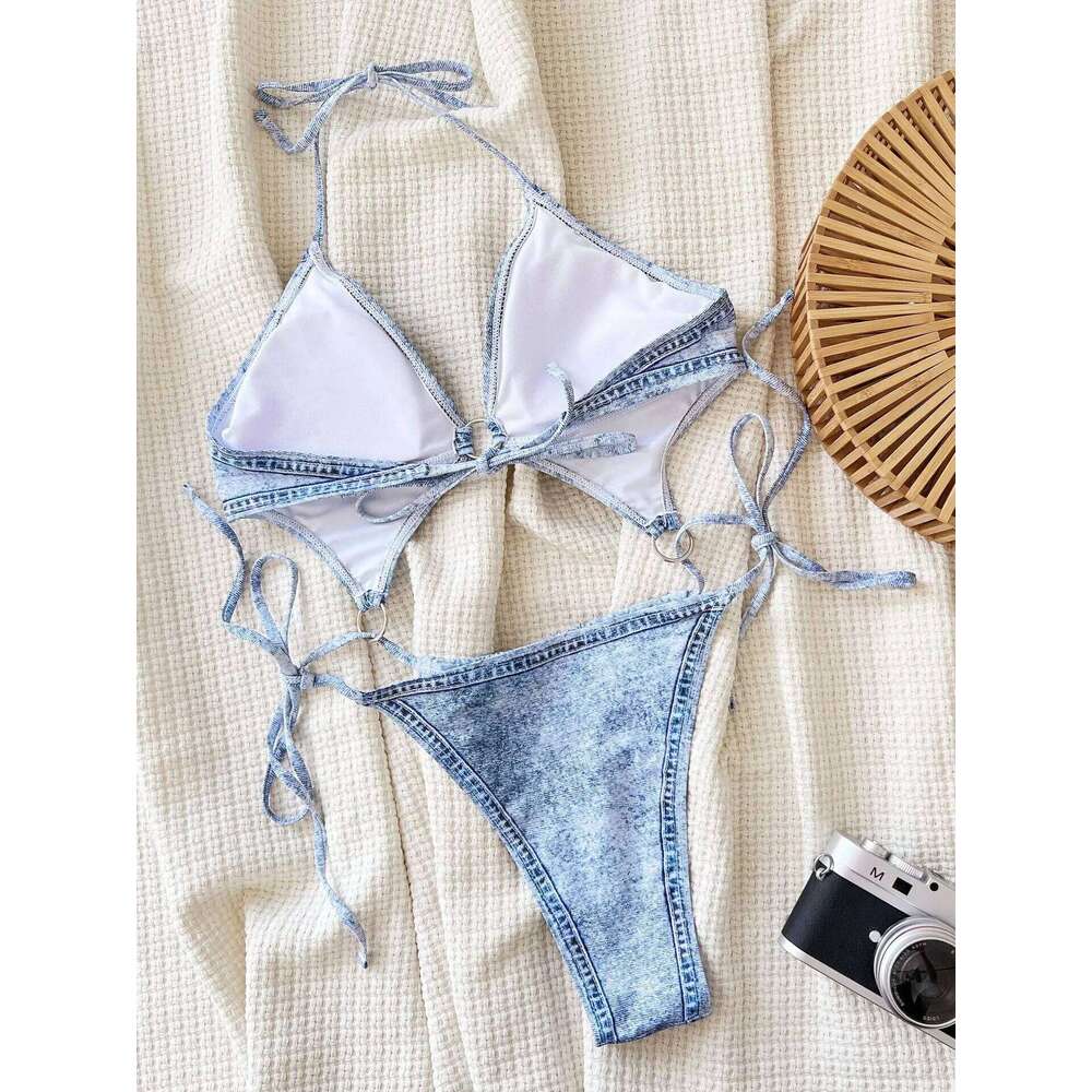 Sexy Sky Blue Print Halter Hollow Out One Piece Swimsuit 2024 New Summer Backless High Leg Cut Swimwear Women Beach Bath Suit Y260303