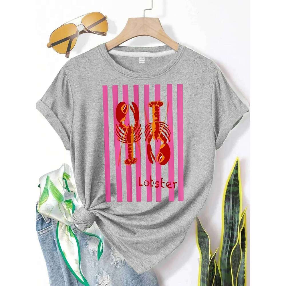 American Summer Marine Lobster Ins Printed Women Casual Short Fashionable Y2k Personality Round Neck Comfortable T-shirt Z260314