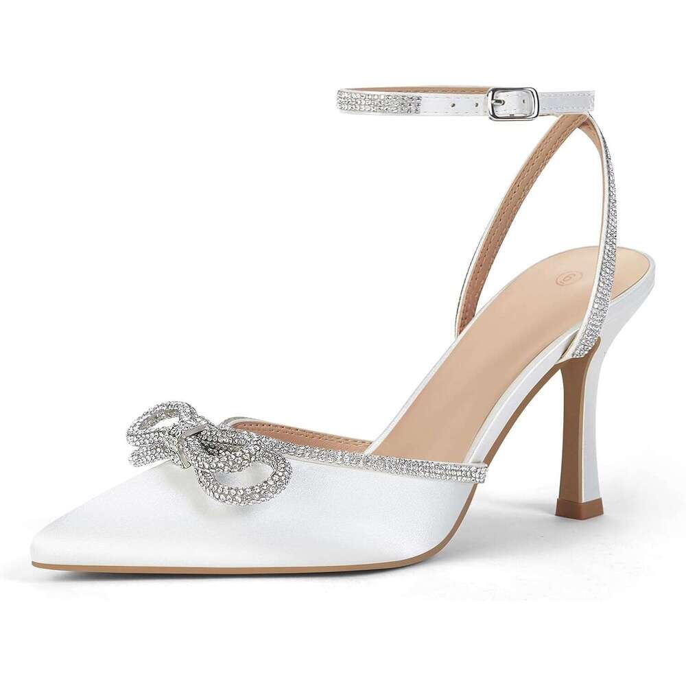 Women S Double Bow Pointed Toe Ankle Strap Crystal Pumps Wedding Bridal Party Stilettos Backless Satin Heeled Sandals MOJIDASHU