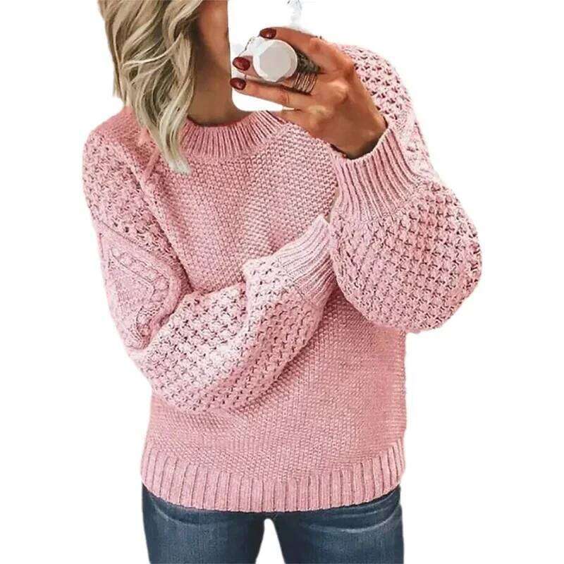 Women Sweaters Solid Knit Thick Splice Pullovers Sweater Full Sleeve Regular Vintage Elegant Lady Casual Winter Streetwear Z260314