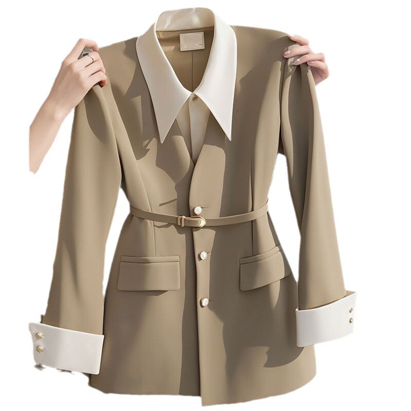 Luxury Brand Designer Clothes 2024 Early Autumn Little Style Black Fake Two-Piece Blazer Women's Niche Design Korean Style Waist-Cinching Small B