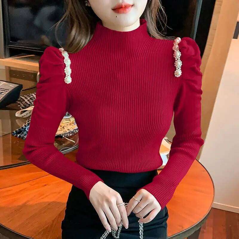 Fashion Stand Collar Beading Puff Sleeve Sweaters Women's Clothing 2023 Autumn Winter Solid Color Sweet Pullovers Commuter Tops Z260314