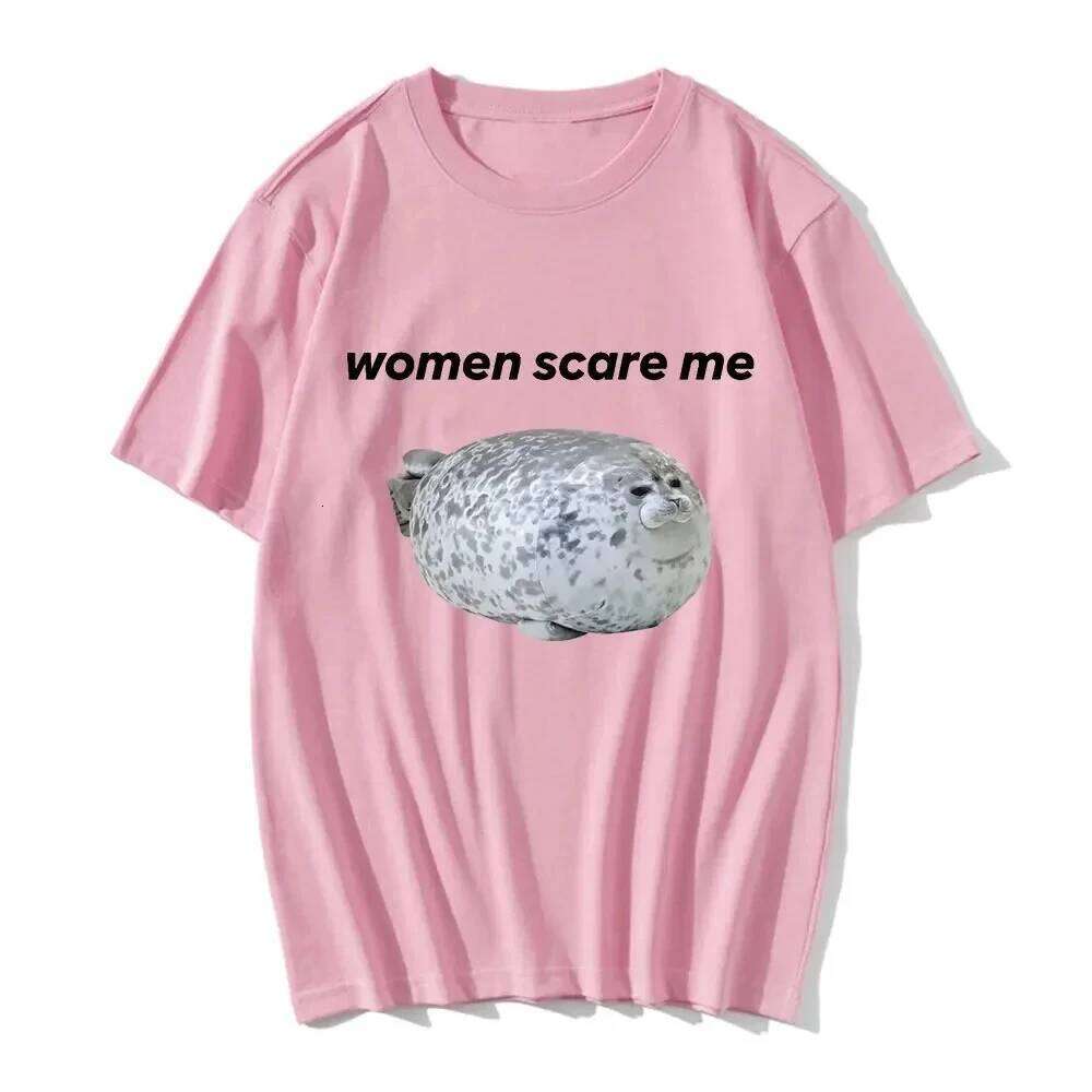 Scare Me Funny Seal Meme Graphic Print Tee Women Casual T-shirt Humor T Shirt Novelty T-Shirt Japanese Tops Z260314
