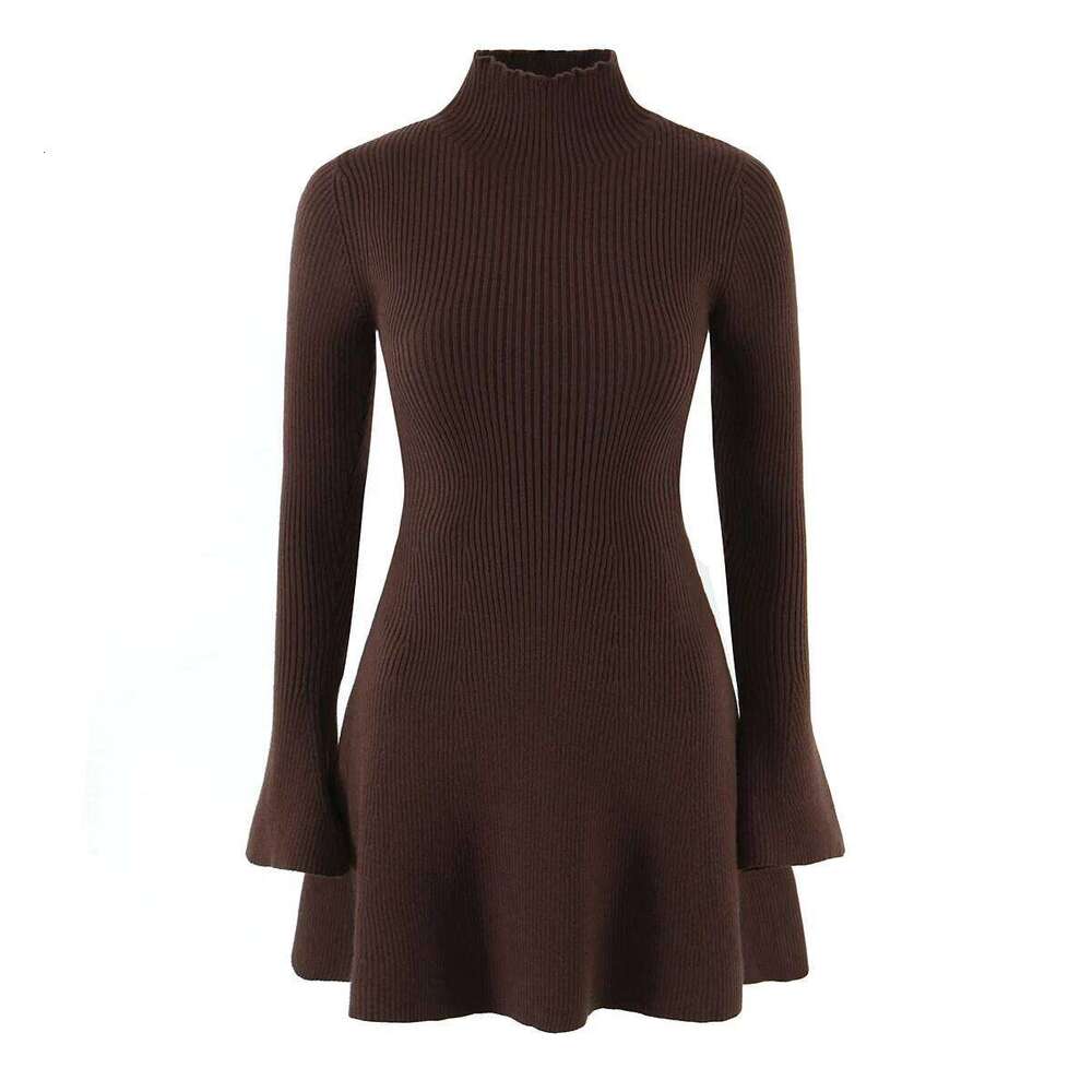 2025 Sexy High Collar Rib Line Knitted Long Flare Sleeve Sweater Dress Women Slim Waist Swing Short Dresses Knitwear Robe Brown Z260314