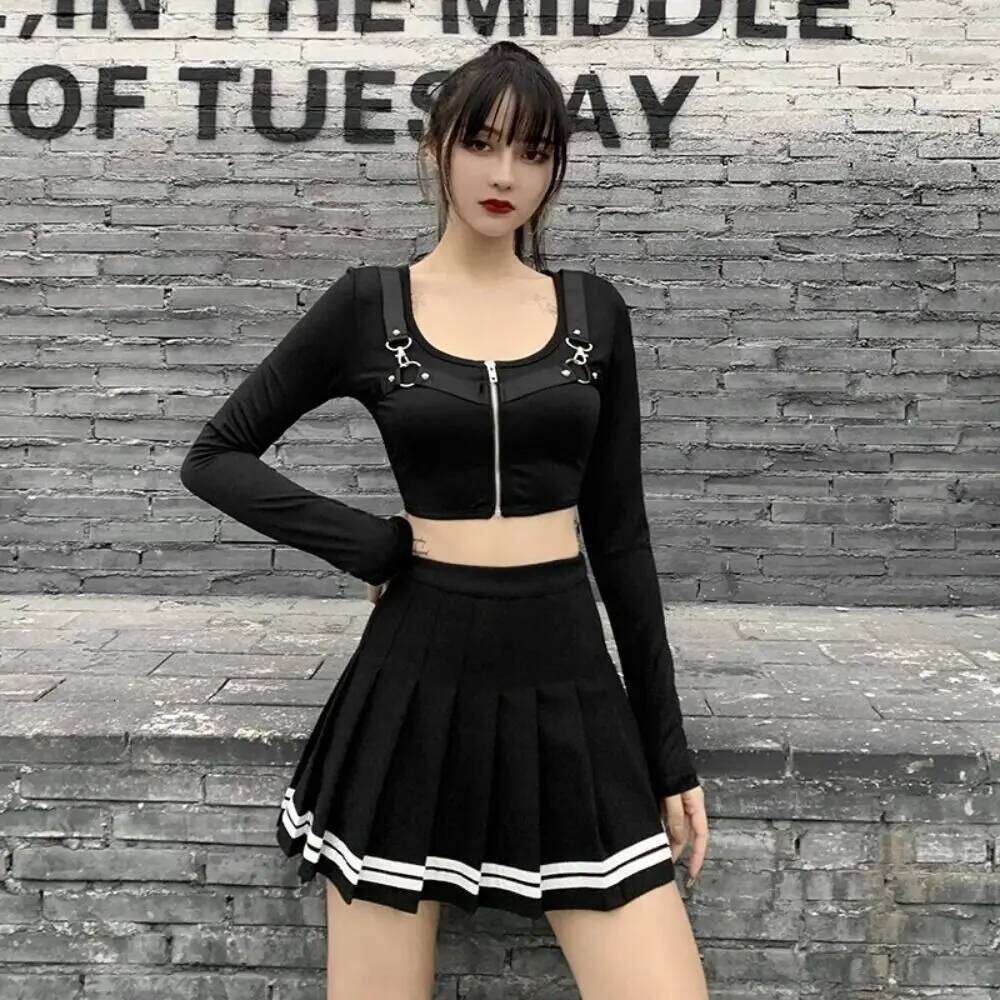 Korean Style High Waist Mini Women Punk Fashion JK Black Pleated Skirts Vintage Patchwork Striped A-line Skirt Z260314