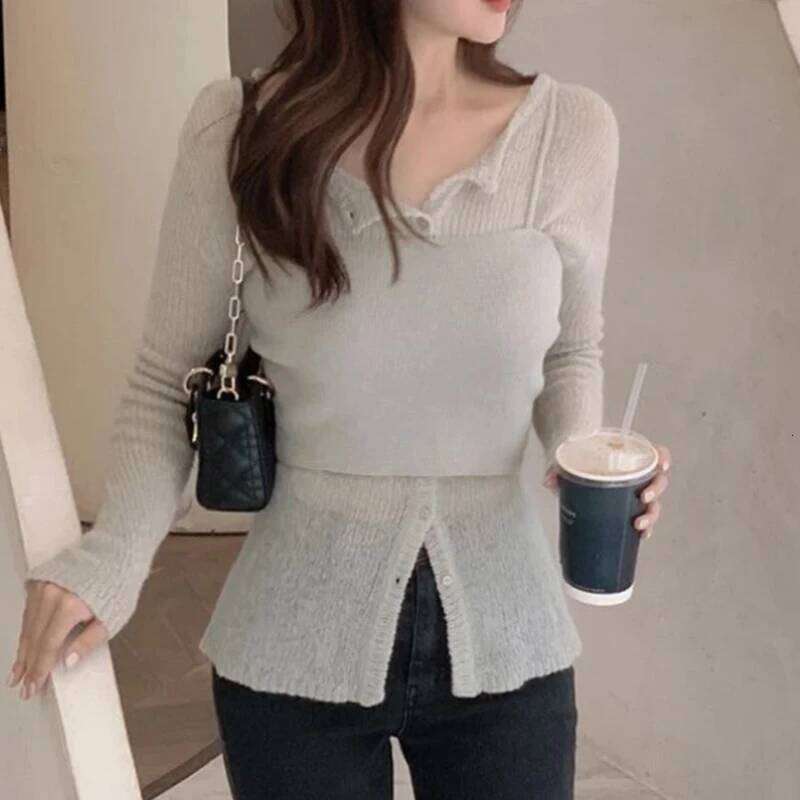 Solid Single-Breasted Tops Summer O-neck Long Sleeves Knitted Cardigan+Korean Slim Fit Tank Versatile Crop Top Two-Piece Set Z260313