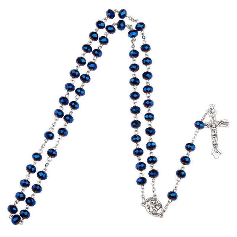 Long Chain Crystal Beads Rosary Necklace Catholic Prayer Rosaries Jewelry for Men Women Stainless Steel Cross Pendant Necklaces H260312