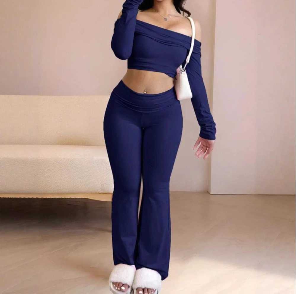 Casual Workout 2 Piece Sets Woman Crop Long Sleeves Tops Foldover Flare Pants Tracksuit Suit Summer and Fall 2025 New Outfits M260313