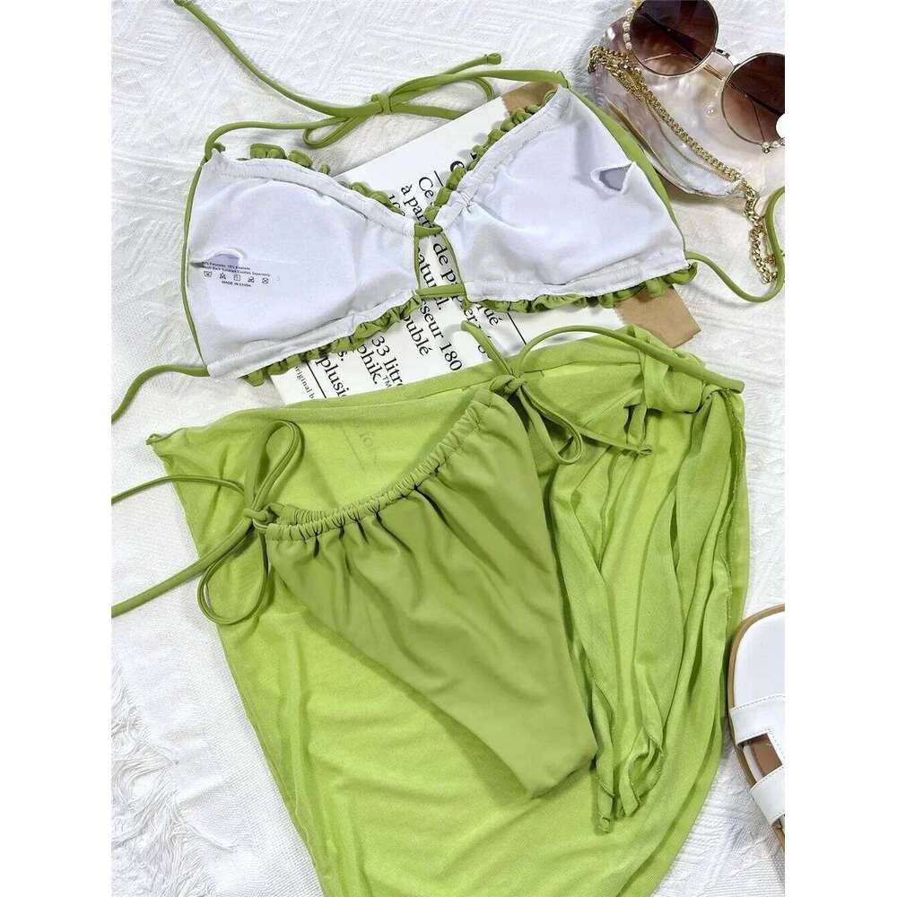 Green Swimwear Mesh Cover Up Sexy String Thong Micro Bikini 2025 Ruffled Swimsuit Women Halter Bather Beachwear Bikinis Sets Y260303