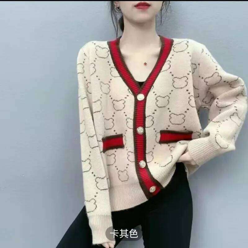 Knitted Cardigan Spring and Autumn New V-neck Top for Women's Casual Color Block Z260313
