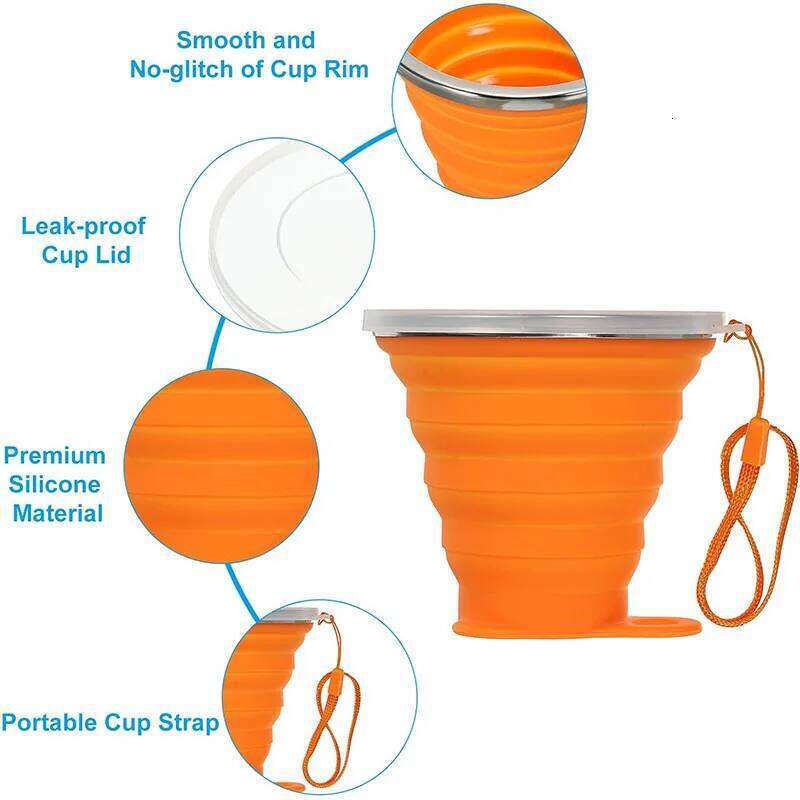Silicone Collapsible Travel Portable Folding Camping Cup Sets with Lids, Blue & Orange Z260314