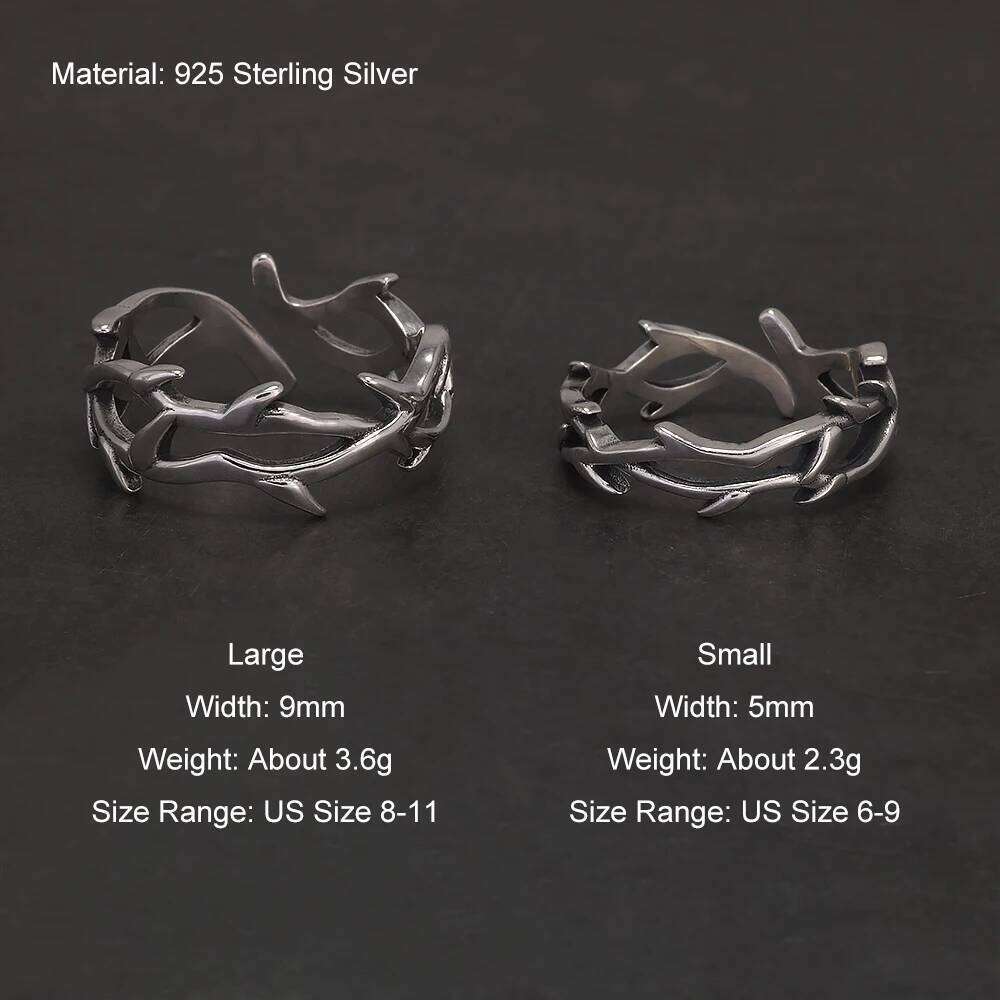 925 Sterling Silver Gothic Thorn Couple Rings for Women Men Punk Retro Cool Spiky Finger Ring Adjustable Hip-hop Y2k Jewelry H260312