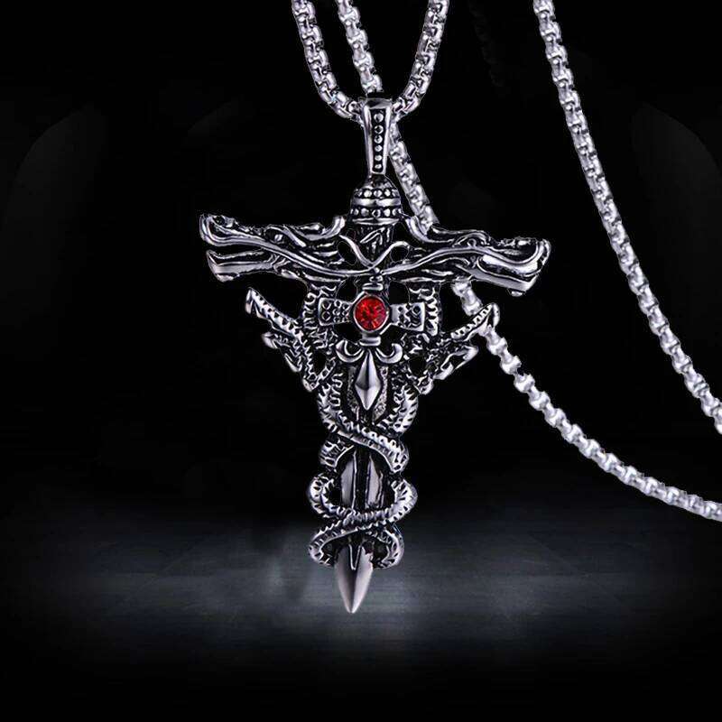 Winding Cross Pendant Necklace Cool Hip Hop Red Stone Vintage Silver Color Stainless Steel Chain Women Men Punk Jewelry Gifts H260312