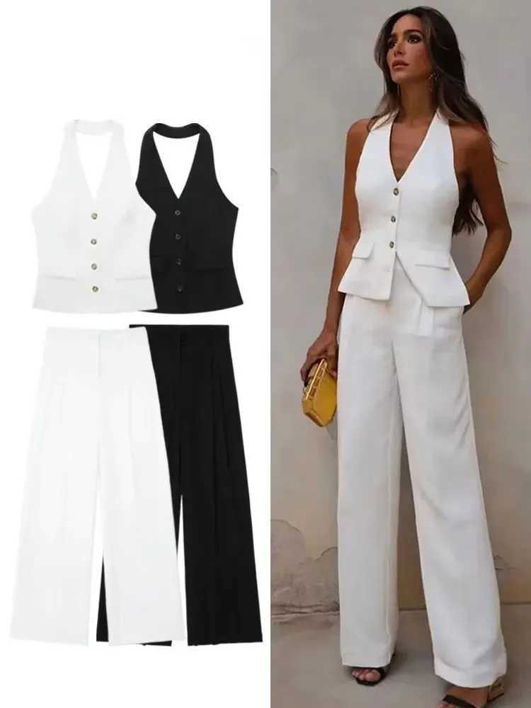 HH Women Fashion Solid Pant Suit Halter Single Breasted Sleeveless Blazer Vest Top Zipper Fly Trousers Office Lady Sets M260313
