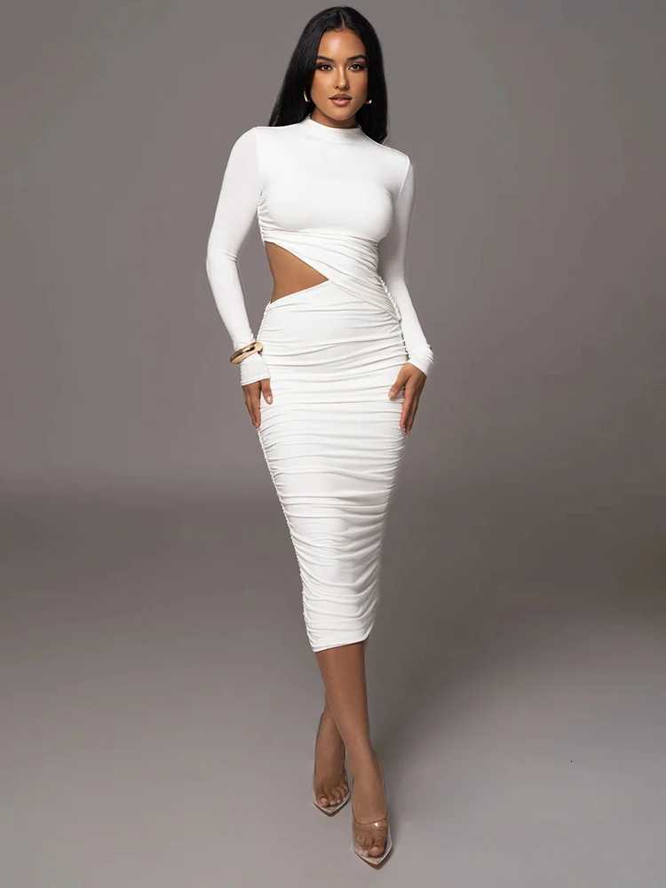 Casual Women Dress Fashion Sexy Solid Streetwear O-Neck Full Sleeve Hollow Out Sheath Long Elegant Bodycon Vestidos Robe FemaleT260316