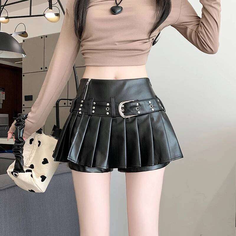 Women's Black Gothic A-line Pleated Leather Y2k Mini Shorts Skirts Harajuku Korean Emo Skirt 2000s Vintage Clothes Summer Z260314