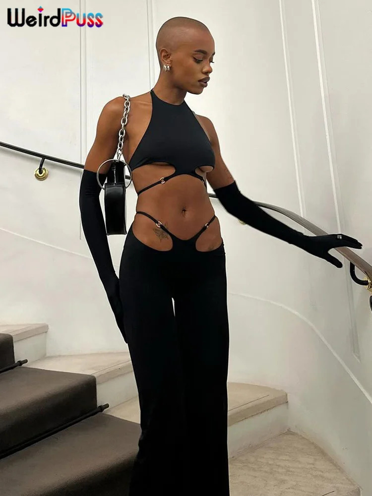 Weird Puss Hollow Straps 2 Piece Sets Woman Summer Sexy Solid Halter Backless TopsSequined Flared Pants Party Skinny Outfits 260309