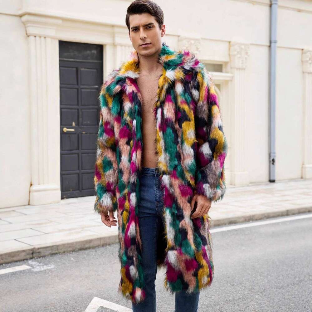 Europe and America Fashion Men's Colorful Thicken Casual Trendy Loose Turn-down Collar Long Sleeve Faux Fur Coats Male Clothes Z260313
