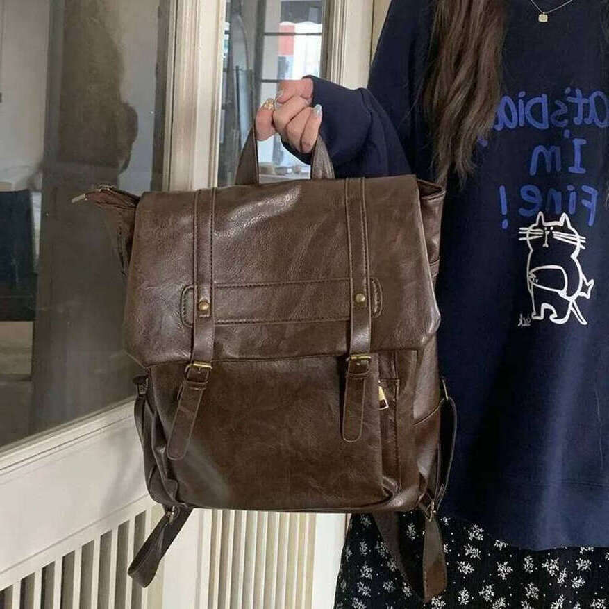 OLOEY Large Capacity Vintage Women Backpack PU Leather Preppy Student School Mochila Rucksack Shoulder Bag Female Premium Backpack