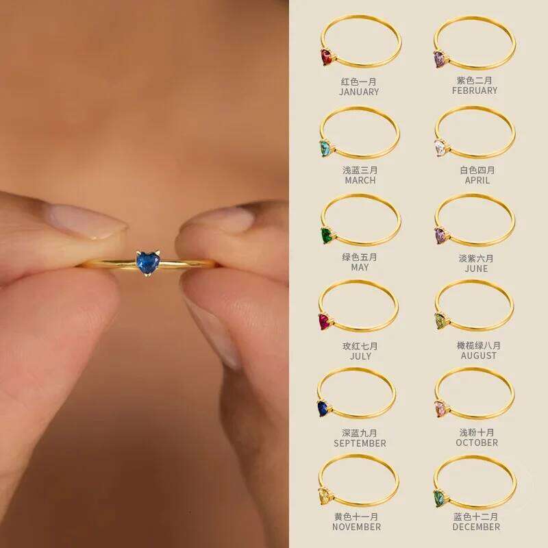CARLIDANA Birthstone for Women Birthday Gifts Jewelry Gold Plated Stainless Steel Months Peach Heart Zircon Rings H260312