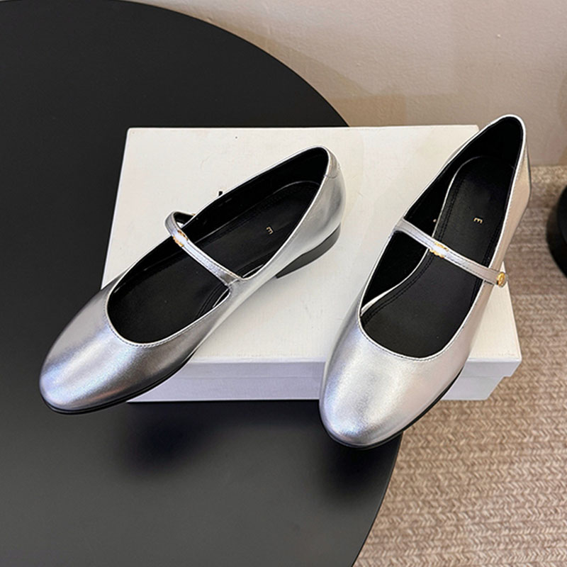Luxury quality Glossy Calfskin City Ballerina Almond toe shape Stacked leather heel Comfortable Mary Jane shoes 2026 Fashion Trends womens silvery ballet shoes