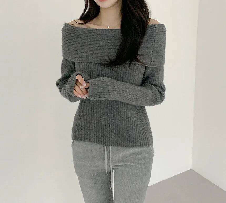 Off Sweaters for Women Long Sleeve Knitted Tops with Open Shoulder Fitted Pullover Elegant Basic Color Z260314