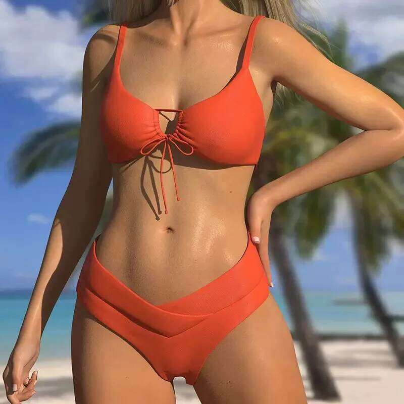 New High Elastic Bikini Set for 2025 Summer Two Pieces Solid Color Lace-up Sexy Women Swimsuit Beach Bathing Suit Swimwear Y260303