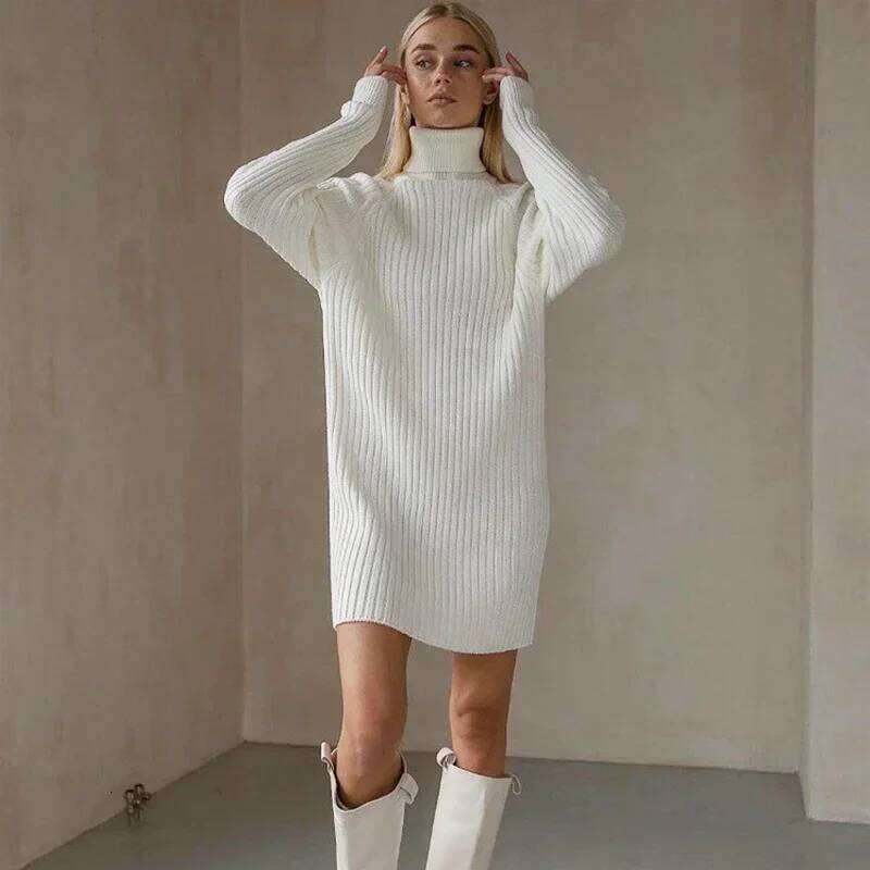 White Turtleneck Knitted Dresses Woman Winter Autumn Oversized Sweater Fashion Long Sleeve Mini Dress Casual Knitwear Z260313