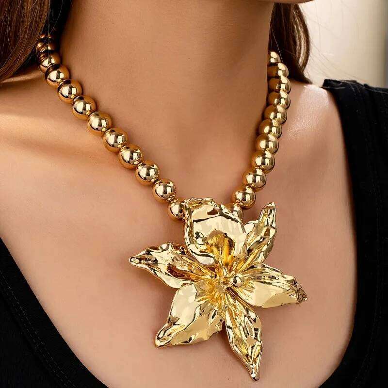 1pc Boho Beaded Chain Metal Large Volume Flower Pendant Necklace for Women Daily Occasion Party Evening Wear H260312