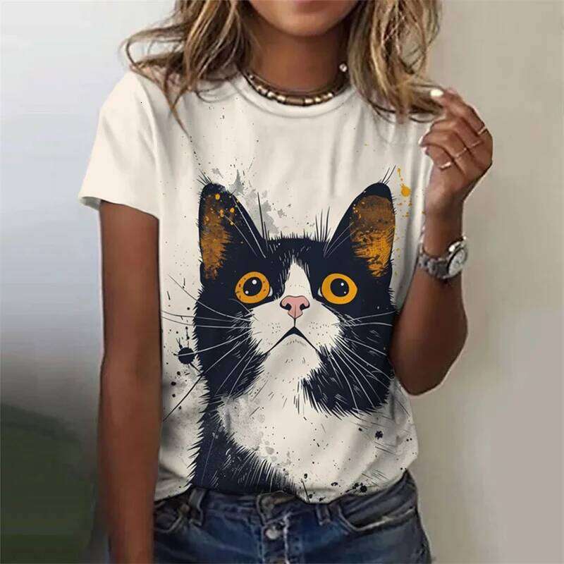 3D Printed Cute Animal T Shirt For Women Funny Cat Pattern Tees Summer Harajuku T-Shirts Round Neck Tops Loose Short Sleeves Z260314