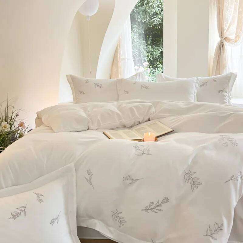 Pure White Minimalist Style Duvet Cover Set, Elegant Wildflower Embroidered Pretty Botanical Quality Fabric 4Pcs Bedding Set H260312