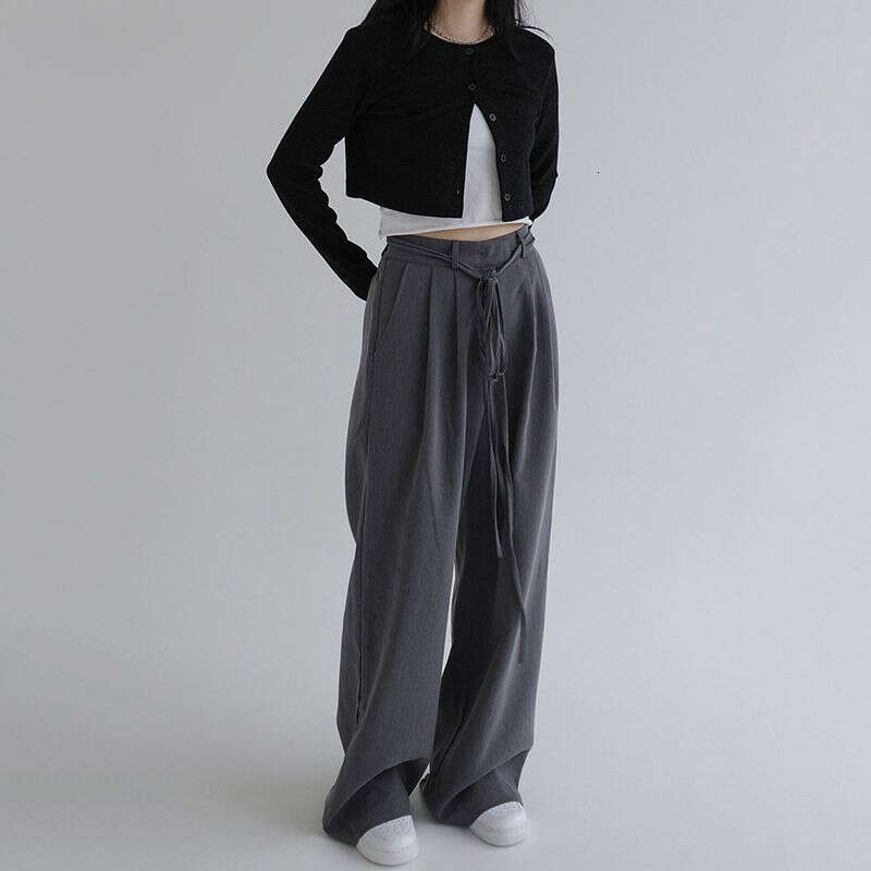 Korean Clothes High Waist Trousers Lace Up Loose Straight Women Pants Casual Black Pantalon Femme Grey Spodnie Damskie 5B058 210429 Z260312