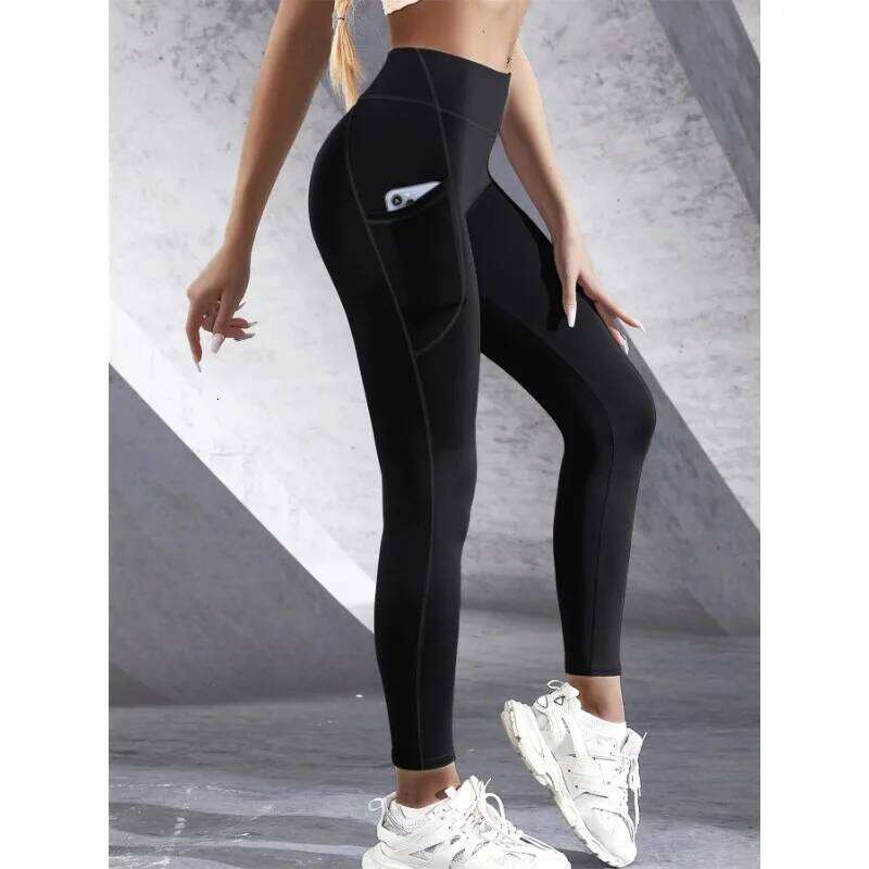 New High Waist Women's Leggings Stretch Yoga Tights With Pockets Push Up Fitness Running Sportswear Solid Color Pants 26Y0313