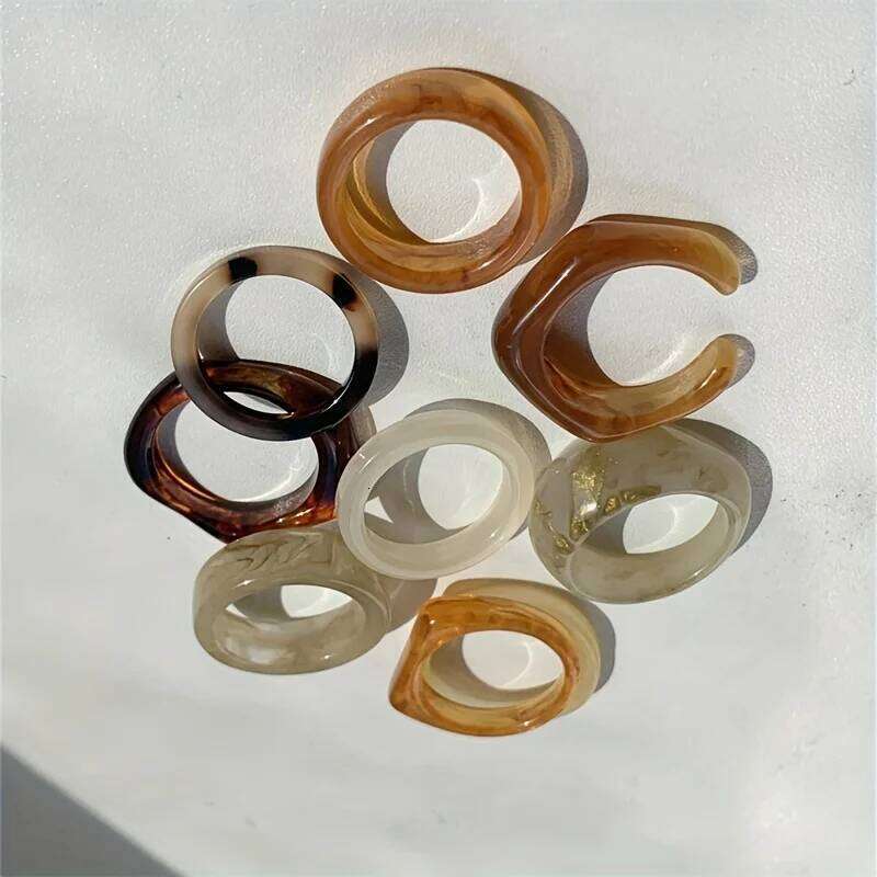 9-piece Bohemian retro style resin material multi-color ring, fashionable elegant for women, can be stacked and worn H260312