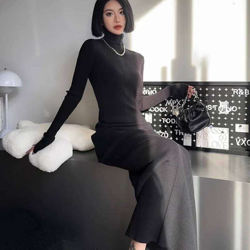 Dress Women Long Sleeve Casual Knitted Basic Maxi Vestidos Bodycon Sexy Turtleneck All-match Temper Seductive Korean Style Ins Z260313